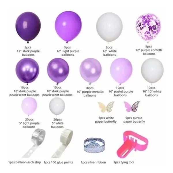 Arco De Globos Orgánico Violeta Lila Mariposas 124 Piezas