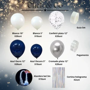 Kit Arco De Globos Azul Blanco Plata