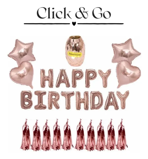 Kit Globos Happy Birthday Rosa Gold Plateado