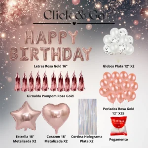 Kit Globos Happy Birthday Rosa Gold Plateado