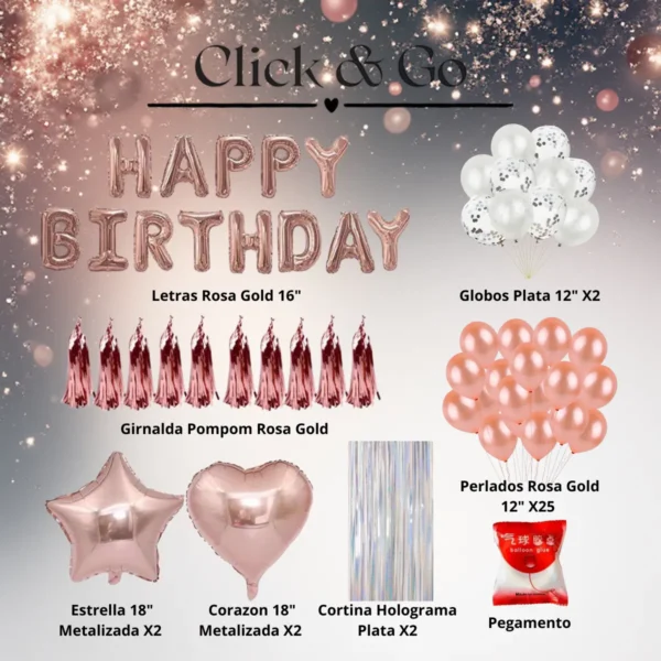Kit Globos Happy Birthday Rosa Gold Plateado
