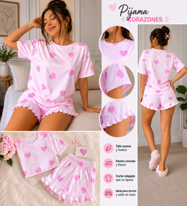 Pijama Conjunto Mujer Suave Diseño Corazones