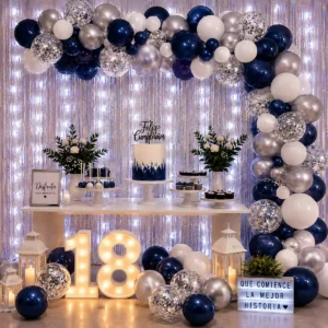 Kit Arco De Globos Azul Blanco Plata