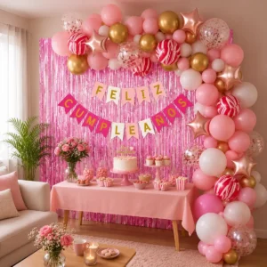 Kit Arco Globos Rosa Feliz Cumpleaños