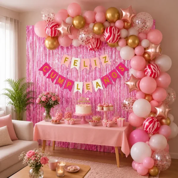 Kit Arco Globos Rosa Feliz Cumpleaños