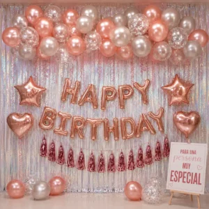 Kit Globos Happy Birthday Rosa Gold Plateado