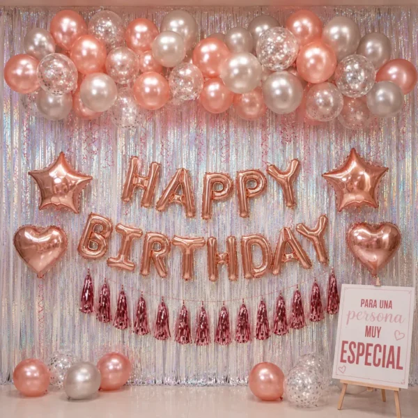 Kit Globos Happy Birthday Rosa Gold Plateado