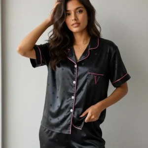 Pijama Satén Mujer Negro Corazones