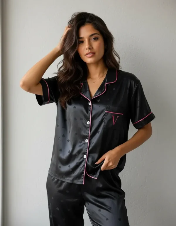 Pijama Satén Negro Corazones Conjunto Invierno