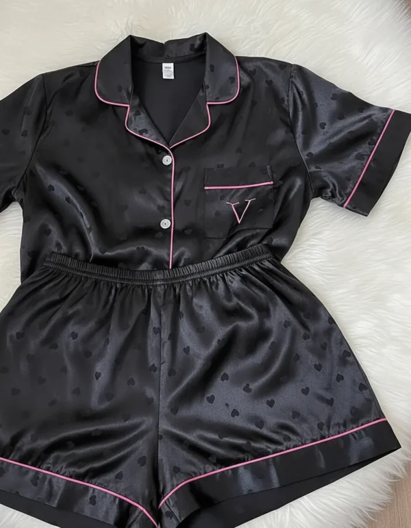 Pijama Satén Mujer Negro Corazones