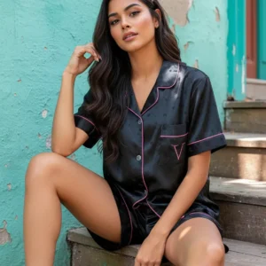 Pijama Satén Mujer Negro Corazones