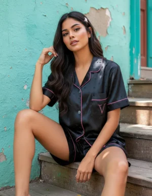 Pijama Satén Mujer Negro Corazones