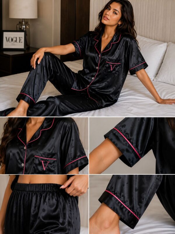 Pijama Satén Negro Corazones Conjunto Invierno