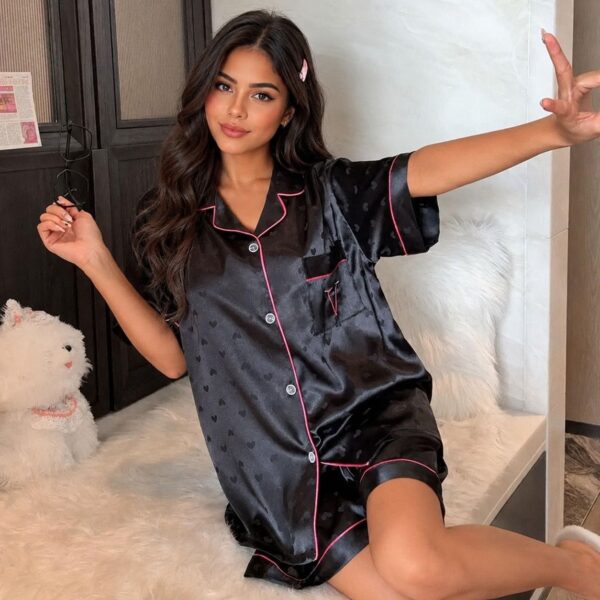 Pijama Satén Mujer Negro Corazones