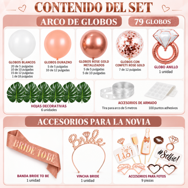Kit Globos Bride To Be Rosa + Banda + Vincha + Accesorios