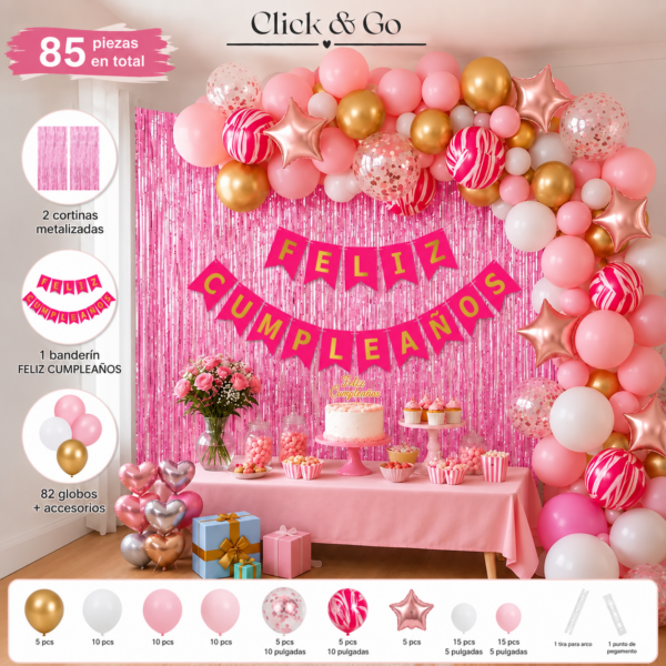 Kit Arco Globos Rosa Feliz Cumpleaños