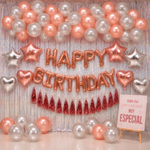 Kit Globos Happy Birthday Rosa Gold Plateado