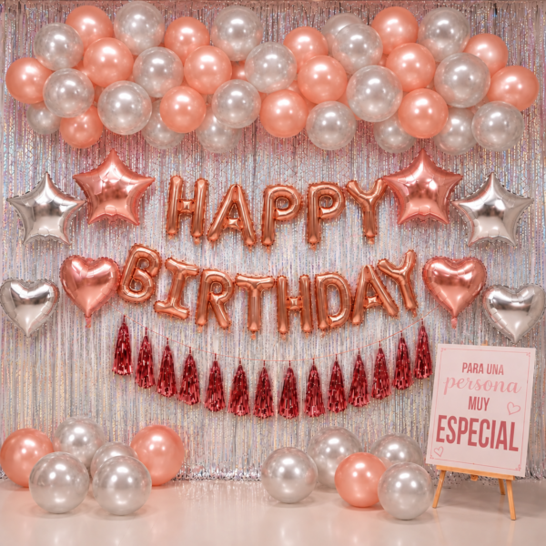 Kit Globos Happy Birthday Rosa Gold Plateado