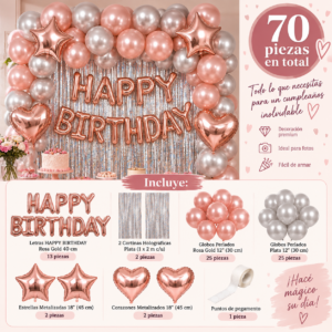 Kit Globos Happy Birthday Rosa Gold Plateado