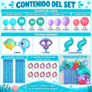 Kit Arco De Globos Bajo El Mar Peces + Cortinas + Alambre Led