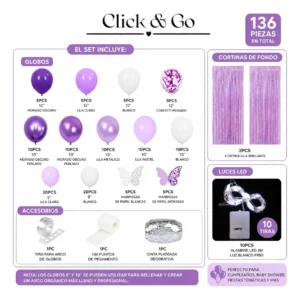 Kit Arco De Globos Violeta Lila + Cortinas + Alambre Led