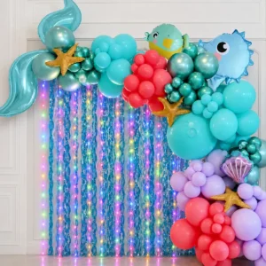 Kit Arco De Globos Bajo El Mar Peces + Cortinas + Alambre Led